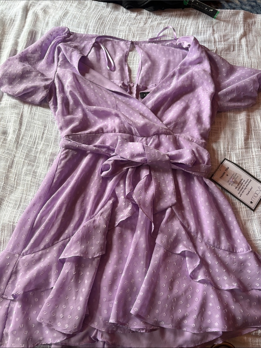 B Darlin Lavender Wrap Ruffle Dress with Tie Waist